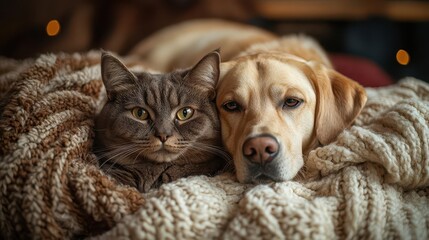 heartwarming scene of british shorthair cat and labrador retriever lounging together on cozy floor contrasting fur textures warm lighting emphasizes companionship