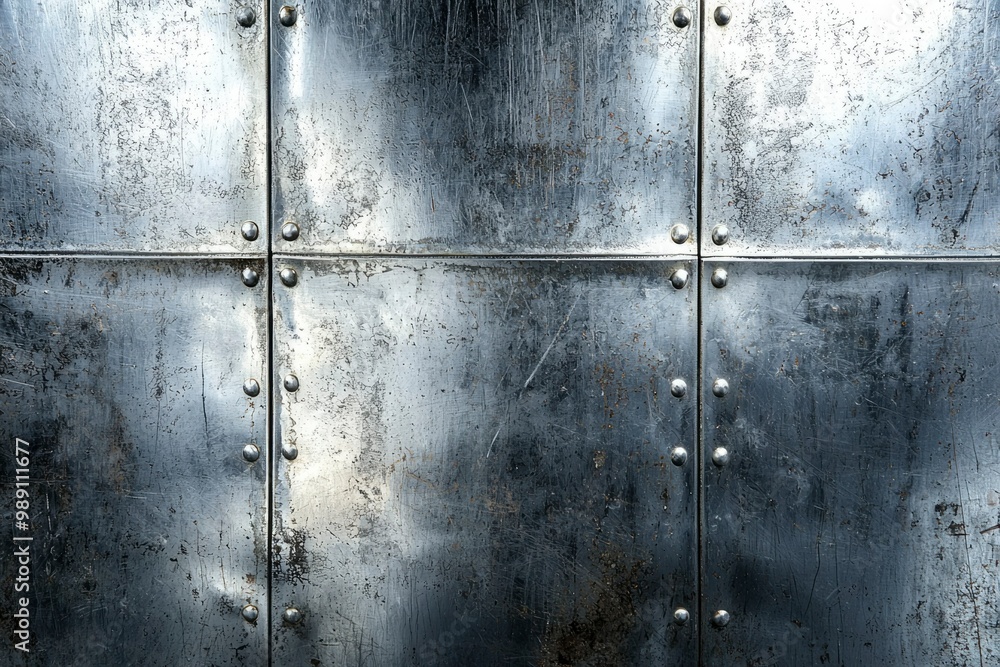 Wall mural weathered metal panels with rivets