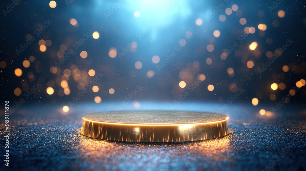 Poster a glowing circular platform surrounded by sparkling lights, creating a mystical atmosphere.