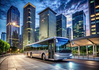 Obraz premium A large, modern, silver city bus stands parked at a bustling urban bus terminal, surrounded by towering skyscrapers and vibrant city lights at night.