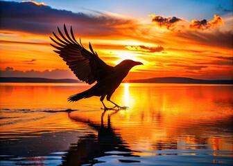 A lone crow's dark silhouette spreads its wings against a vibrant orange sunset sky, casting a dramatic shadow on the rippling water below.