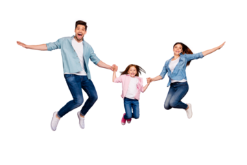 Full length photo of three rejoicing jumping high family members wear casual clothes isolated purple background