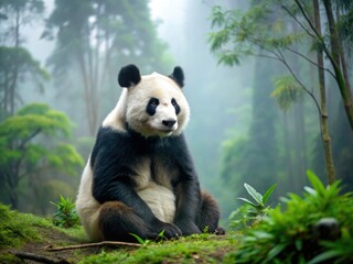 Obraz premium A lone, forlorn giant panda sits on a misty forest floor, surrounded by lush greenery, its head hung low in a posture of melancholy and despair.