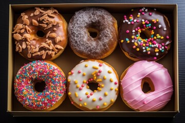 A box of assorted donuts with different colors and toppings. The box is placed on a black background. Generative AI
