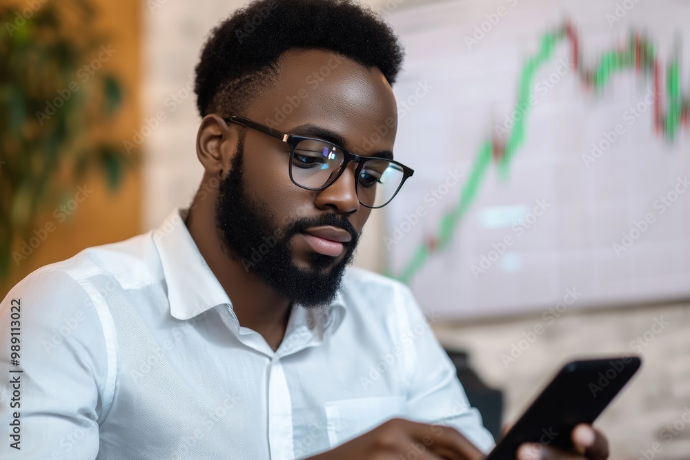 Poster man in glasses checks financial data on smartphone in a modern office setting with stock market char