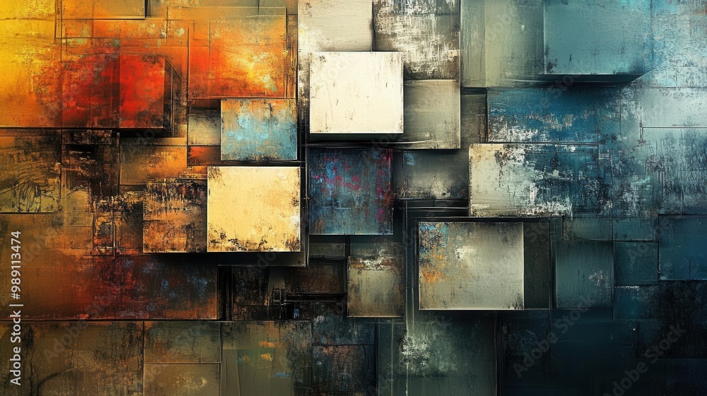 Poster abstract textured squares in varying colors on a dark background.