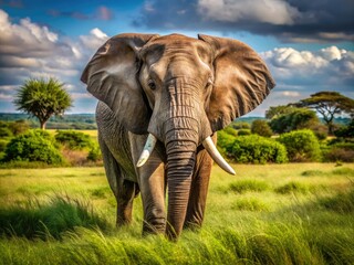 Obraz premium A majestic African elephant with wrinkled gray skin and a long curved tusk roams freely in a sun-drenched savannah with lush green trees and grass.