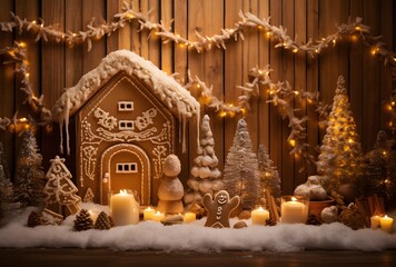 Obraz premium Gingerbread House Christmas Backdrop With Lights