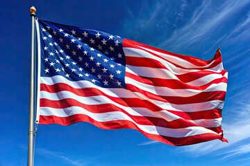 Obraz premium A majestic American flag waves proudly in the breeze, its vibrant red, white, and blue colors shining brightly against a clear blue sky backdrop.