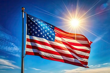 A majestic American flag waves proudly against a clear blue sky, its vibrant red, white, and blue colors illuminated by warm sunlight, symbolizing freedom and unity.