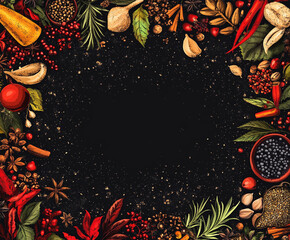 A black background with a large circle in the middle and a variety of spices and herbs illustration surrounding it
