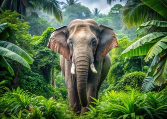Fototapeta premium A majestic Asian elephant with wrinkled gray skin and tusks stands alone in a lush green jungle, surrounded by tropical foliage and vines.