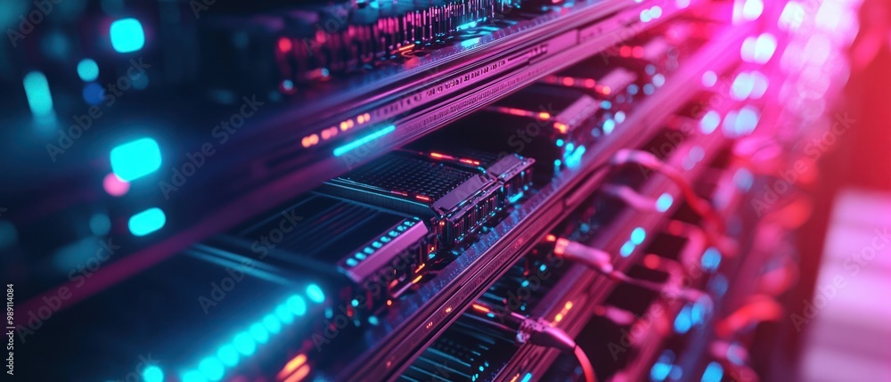 Poster A close-up view of illuminated server racks in a data center, showcasing technology and connectivity.