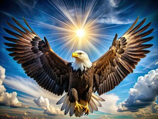 Obraz premium A majestic bald eagle spreads its broad wings, feathers glistening in sunlight, against a clear blue sky with subtle cloud formations in the background.