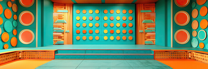 A vintage game show background, reminiscent of the 1970s, with a turquoise and orange color scheme, and psychedelic patterned walls.
