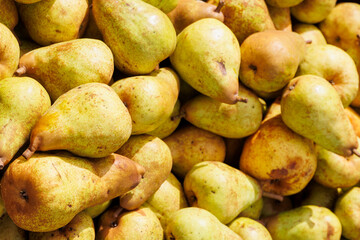 Apples and pears are for sale in wooden crates at the potato and apple market in Bächingen