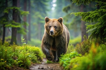 A majestic brown bear ambles through a serene forest, its paws making gentle impressions in the...