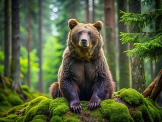 Obraz premium A majestic brown bear sits calmly on a moss-covered log, paws clasped together, amidst a serene forest landscape with lush greenery and towering trees.