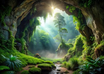 Fototapeta premium A majestic cave entrance with lush green foliage and misty atmosphere, isolated on transparent background, evoking adventure and mystery in a serene natural setting.