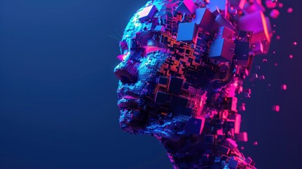 Obraz premium A digital representation of a human head made of colorful geometric shapes and fragments.