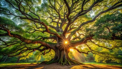 Obraz premium A majestic, century-old tree stands tall, its gnarled branches stretching towards the sky, surrounded by a vibrant foliage of emerald green leaves and golden sunlight.