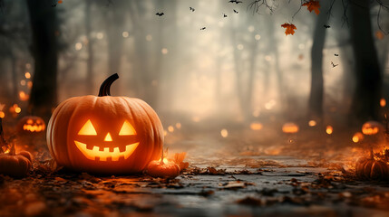 Jack-o'-lantern Glowing in a Foggy Forest