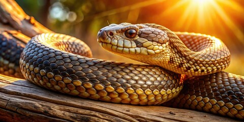 Obraz premium A majestic, curly-haired snake coils around a rustic wooden branch, its scaly body glistening in warm sunlight, eyes gleaming with fierce, primeval intensity.