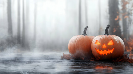 Jack-o'-Lanterns Glow in Spooky Forest with Fog