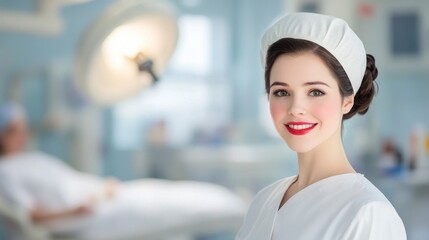 Portrait of a smiling nurse in a bright hospital setting, showcasing professionalism and care in the medical field.