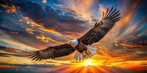 Obraz premium A majestic eagle soars through a vibrant sunset sky, symbolizing freedom, strength, and empowerment, as the warm light illuminates its wings in a breathtaking moment.