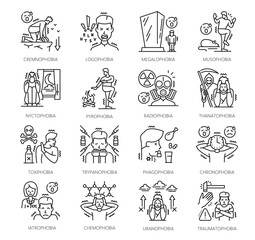 Psychology problems, human phobia icons, mental health vector outline signs. Musophobia, pyrophobia and thanatophobia, traumatophobia, trypanophobia and radiophobia, nyctophobia and toxiphobia