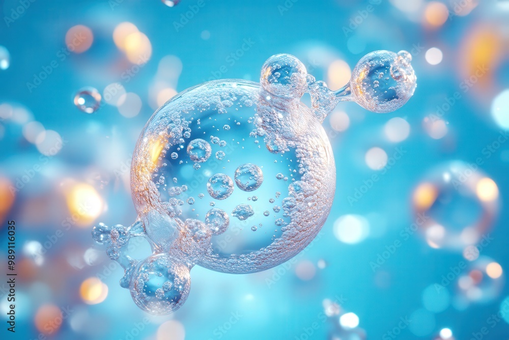 Poster aqua sphere: a mesmerizing abstract image with a central sphere surrounded by smaller droplets, evok