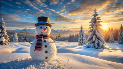 A cheerful snowman stands in serene winter landscape, surrounded by snow covered trees and mountains. warm glow of sunset adds magical touch to this picturesque scene