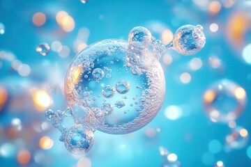 Aqua Sphere:  A mesmerizing abstract image with a central sphere surrounded by smaller droplets, evoking a sense of wonder and scientific curiosity.  The image features a vibrant blue background with 