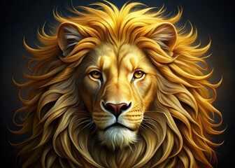 Fototapeta premium A majestic golden lion's head with a regal mane, fierce gaze, and powerful jaws serves as a strong symbol for courage, strength, and authority.