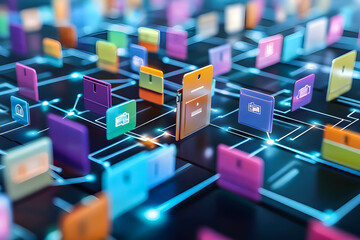 Document management system is streamlined through digital folders and files, filled with colorful tags and labels, surrounded by glowing network connections.