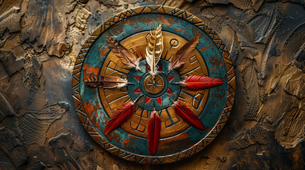 Obraz premium Native American medicine wheel with colorful feathers and intricate design