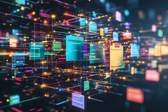 Document management system is streamlined through digital folders and files, filled with colorful tags and labels, surrounded by glowing network connections.
