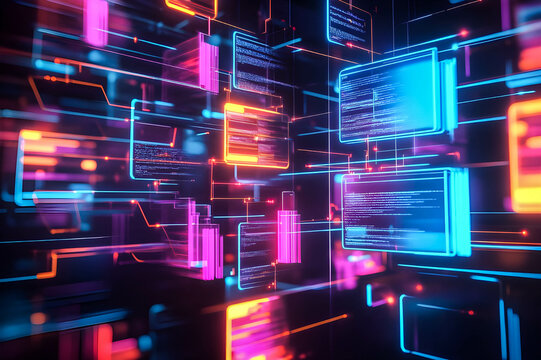 Document management system is streamlined through digital folders and files, filled with colorful tags and labels, surrounded by glowing network connections.