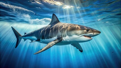 Fototapeta premium A majestic great white shark swims in crystal-clear tropical waters, its powerful tail slicing through the surface, highlighting its feared yet fascinating predators' presence.