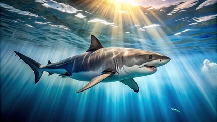 Fototapeta premium A majestic great white shark swims majestically through the crystal-clear waters of the ocean, its powerful body and sharp fins slicing through the sun-drenched sea.