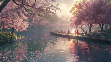 Obraz premium Scenic Sunset with Cherry Blossoms