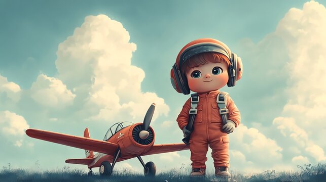 whimsical baby pilot standing next to a small airplane, ready to fly Cartoonish style, simple lines, soft pastel colors Friendly and inviting