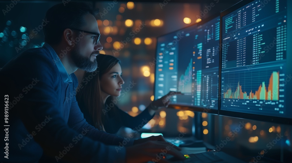 Poster team collaborates on financial analysis using multiple computer screens in a modern office at night 