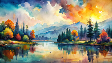 Naklejka premium A vibrant watercolor landscape featuring serene lake surrounded by colorful trees and majestic mountains. scene captures beauty of nature with stunning sunset reflecting on water