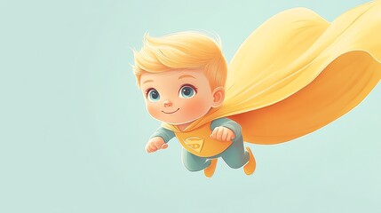 whimsical baby superhero wearing a cape, flying through the air Cartoonish style, simple lines, soft pastel colors Friendly and inviting