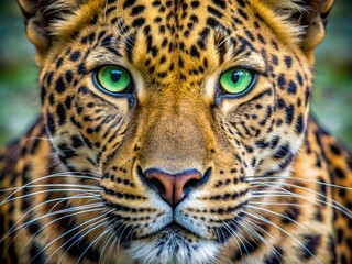 Obraz premium A majestic leopard's face fills the frame, piercing green eyes and whiskers set against a warm golden coat with subtle spots and textures.