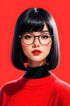 Ilustra&ccedil;&atilde;o-Retrato de uma garota jovem de su&eacute;ter vermelho sobre fundo vermelho