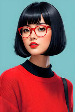 Ilustra&ccedil;&atilde;o-Retrato de uma garota jovem de su&eacute;ter vermelho sobre fundo azul