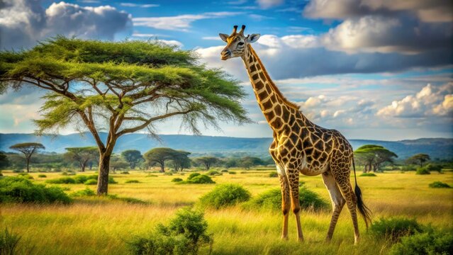 A majestic jiraffe with a striking coat pattern and long eyelashes stands tall in a lush, sun-drenched savannah landscape with acacia trees in the background.